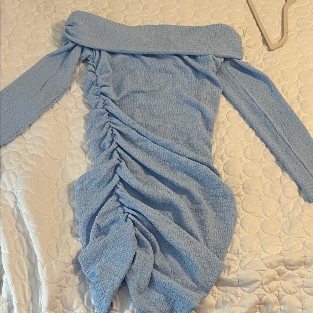Princess Polly Light Blue Off-Shoulder Ruched Mini Dress